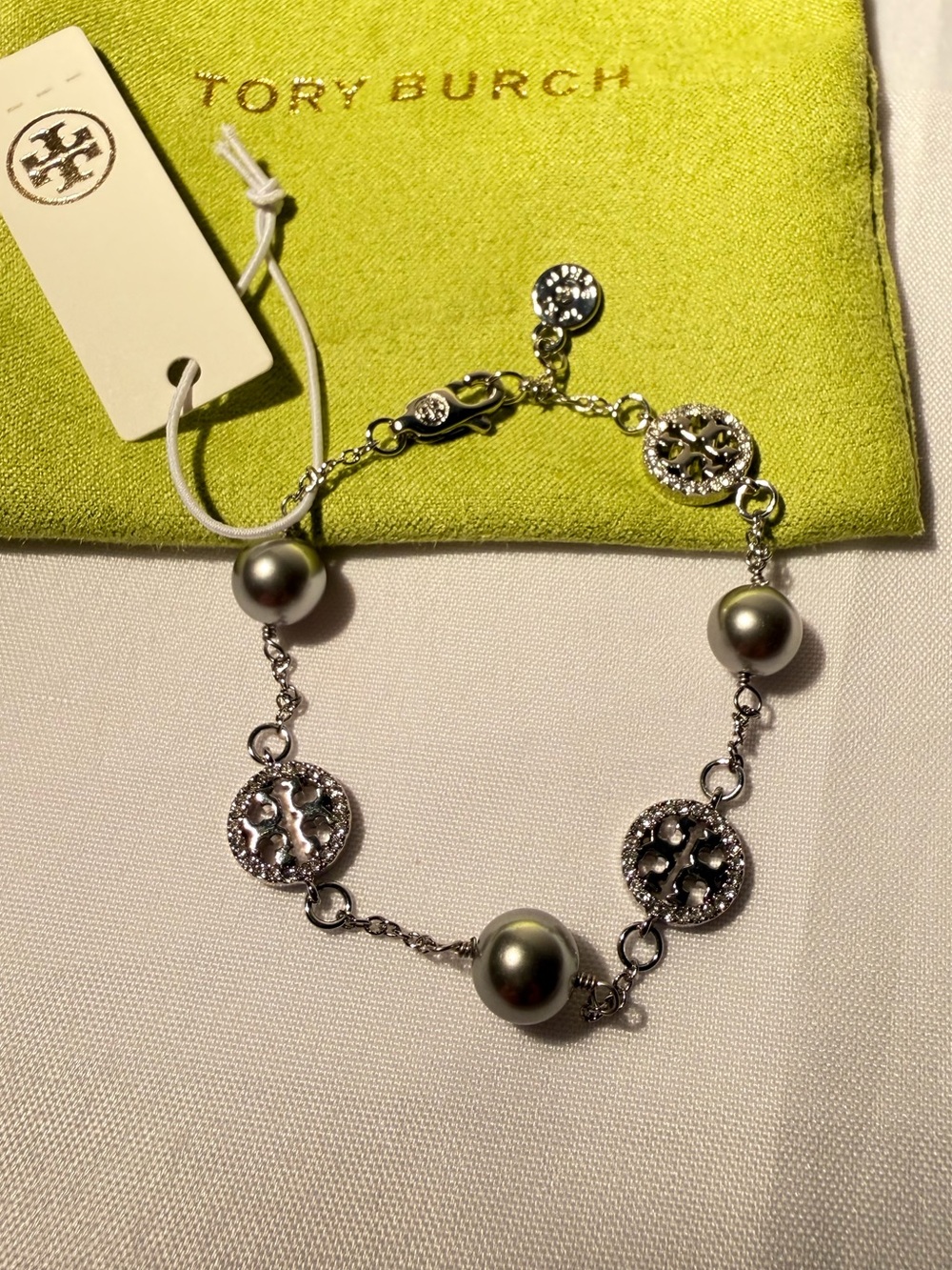 Tory Burch Double Logo Pearl Bracelet Silver Crystal NWT